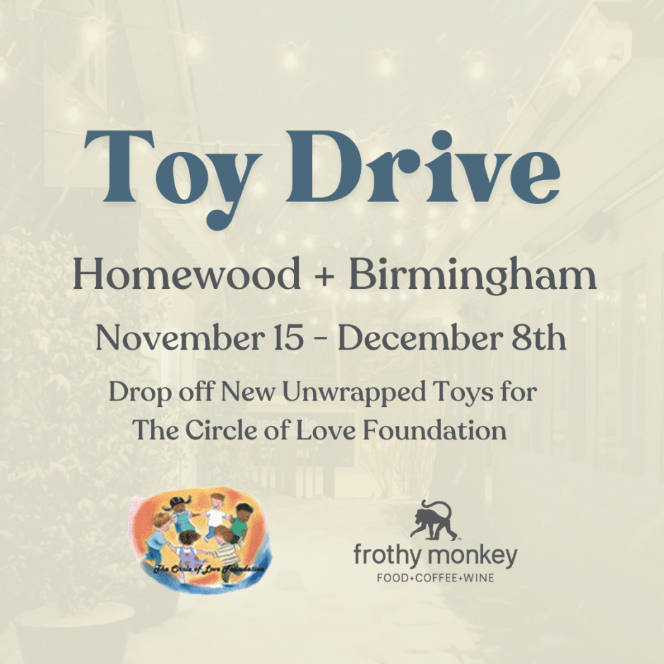 Toy drive graphic for alabama cafes in homewood and brimingham 