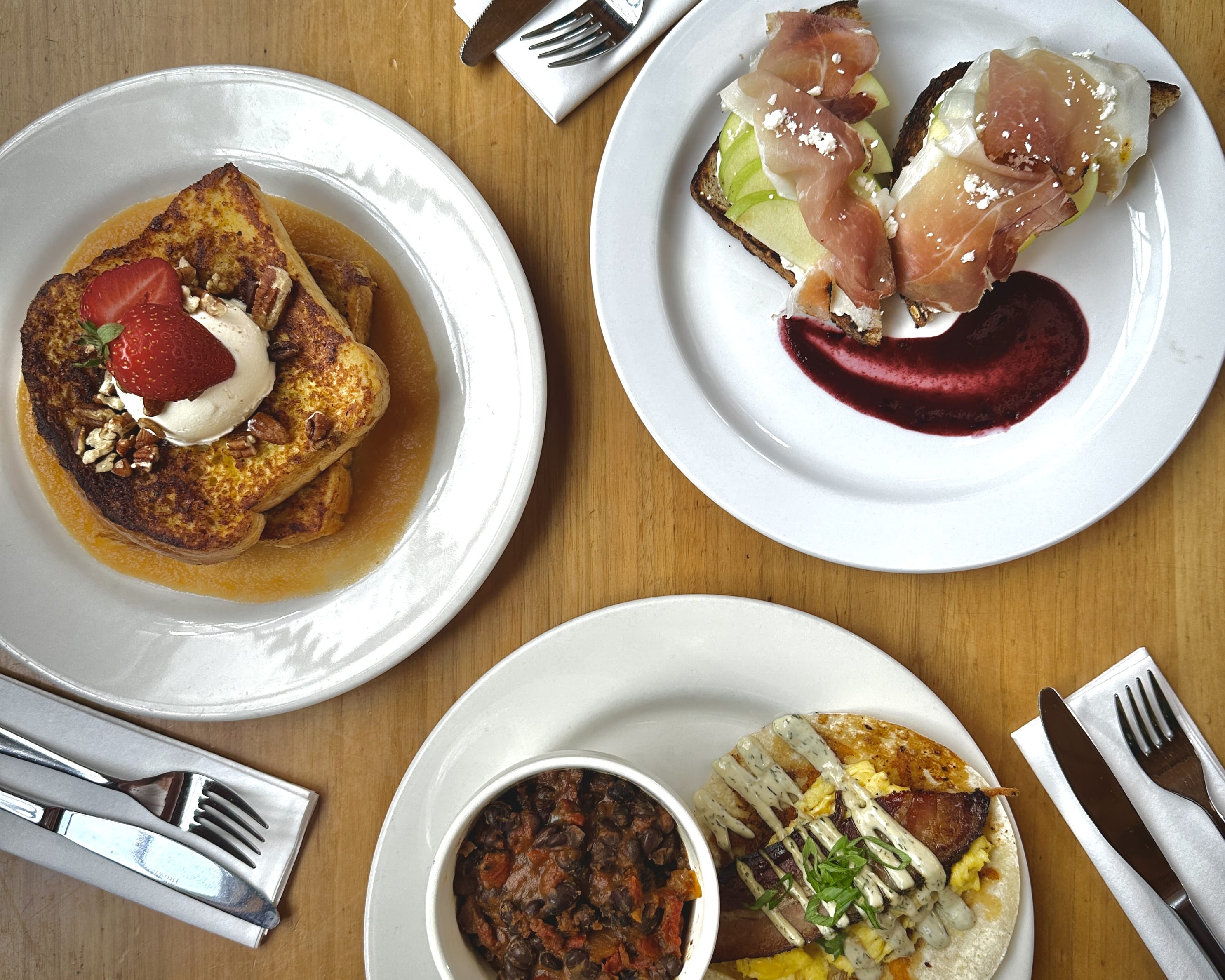 three entrees from frothy monkey's fall menu 2026 french toast ricotta toast brunch tacos